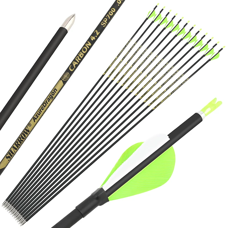 12pcs Archery Pure Carbon Arrows Water-drop Turkey Feather ID 4.2mm Spine 700/800/900/1000 for Bow Shooting Hunting Training